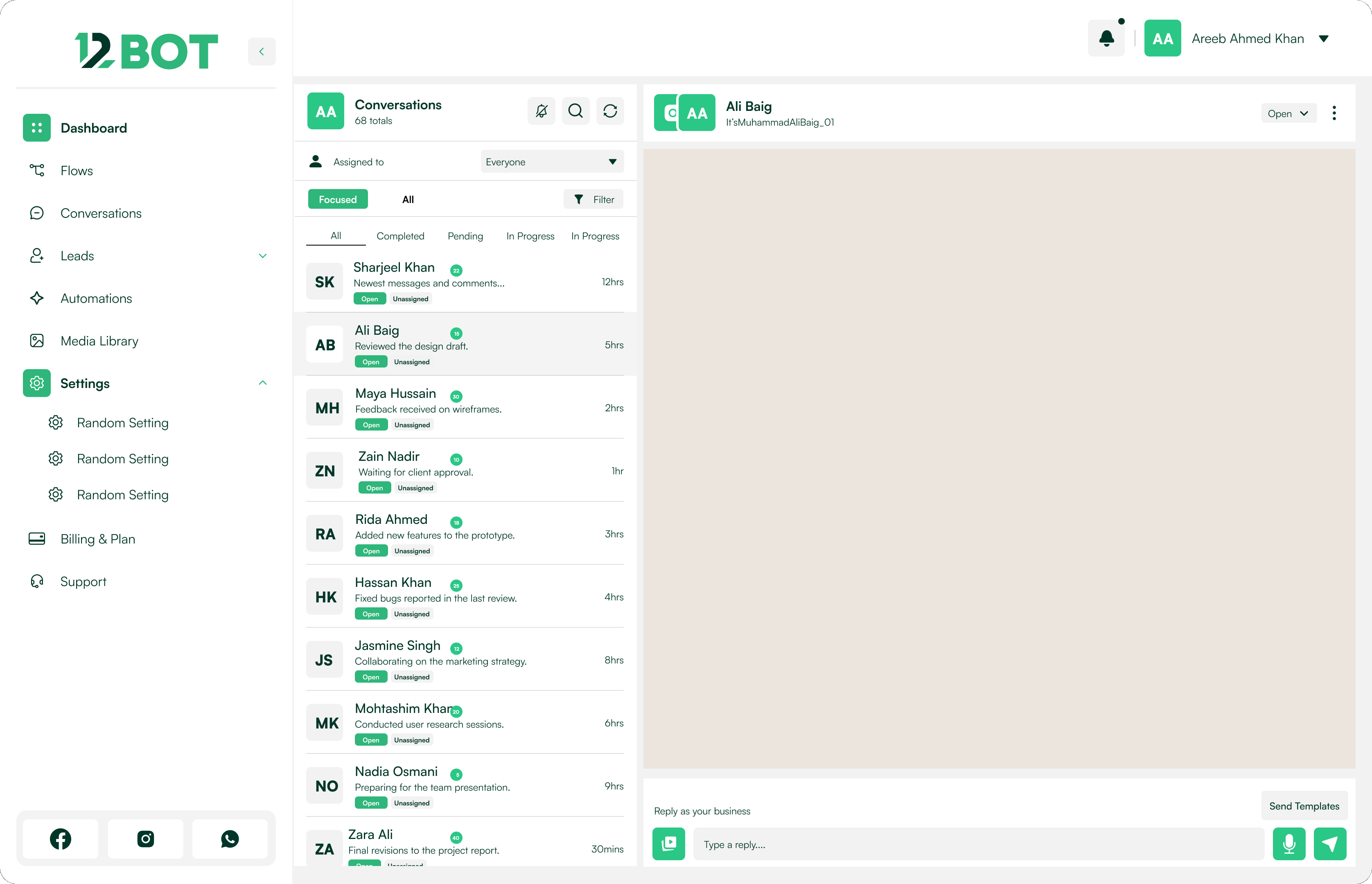 Shared inbox: WhatsApp, Instagram and Facebook conversations in one place.