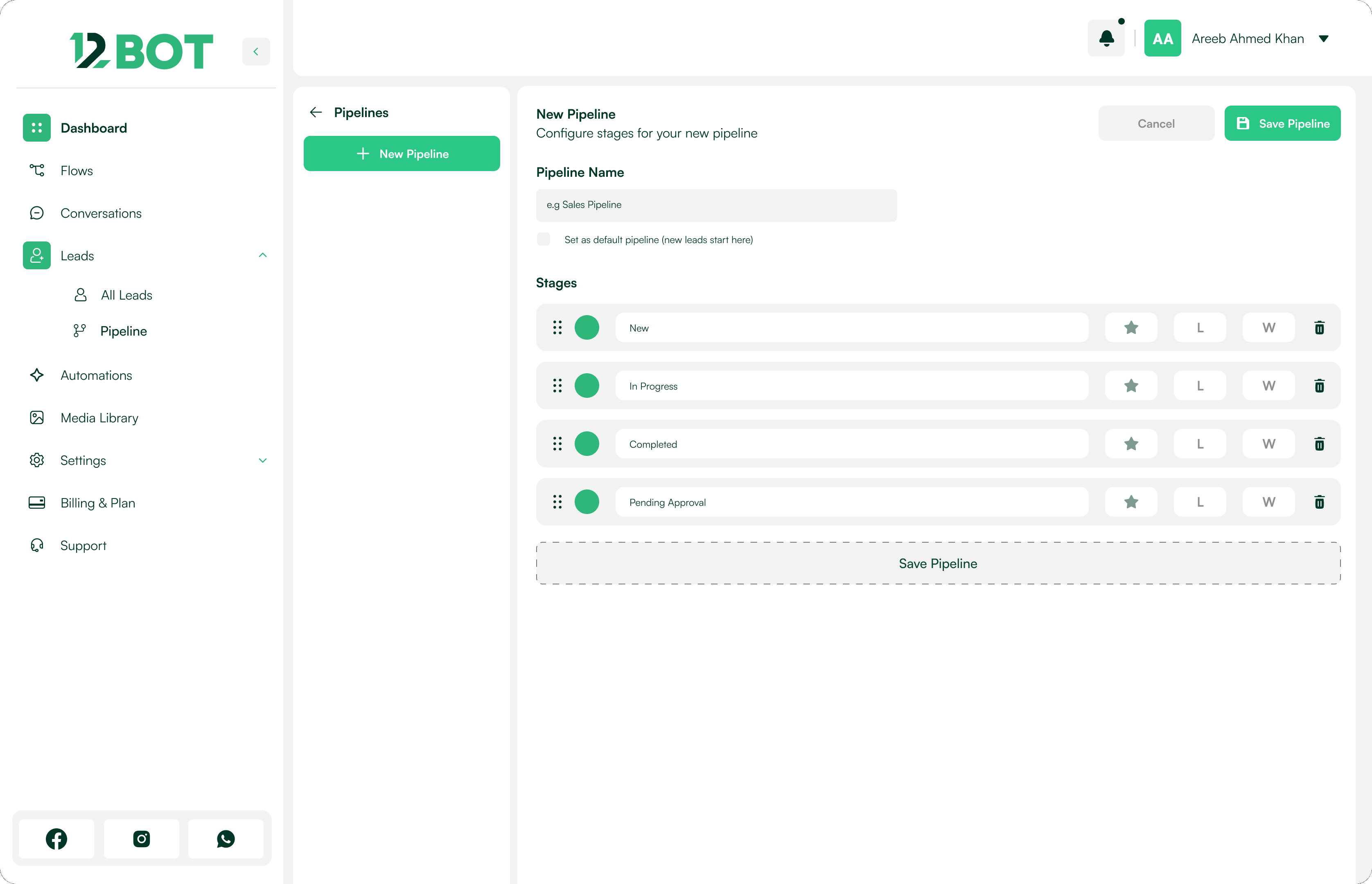 Pipeline builder: Build sales pipeline stages.