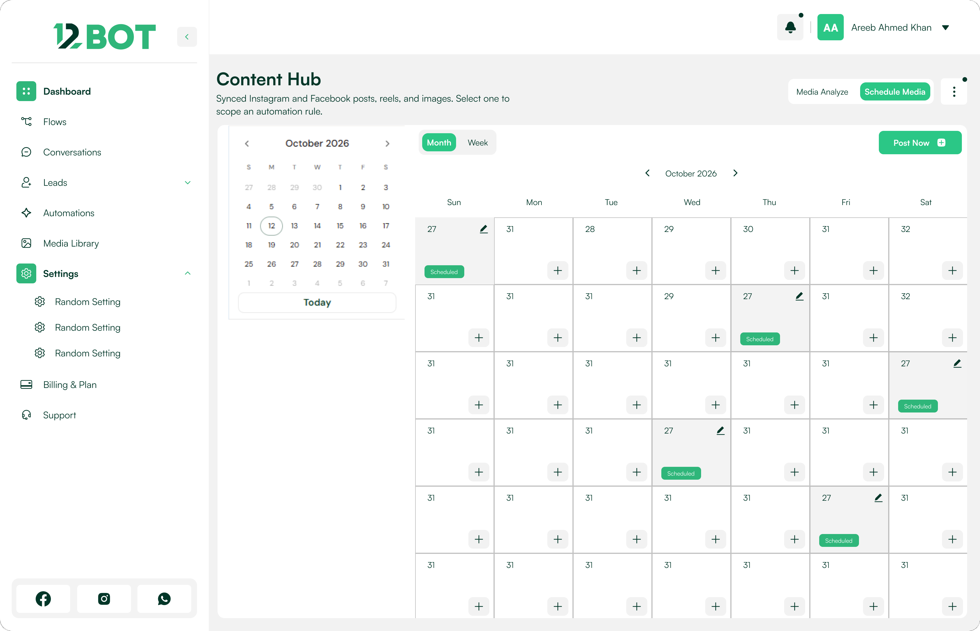 Content scheduler: Content Hub calendar for Instagram and Facebook posts.